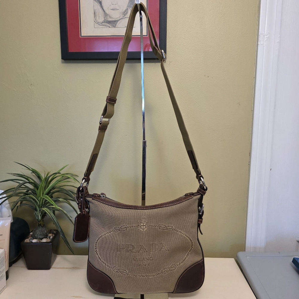 Prada | Small Prada Logo Jacquard Tan Canvas Shoulder/Crossbody  Bag - Picture 2 of 15